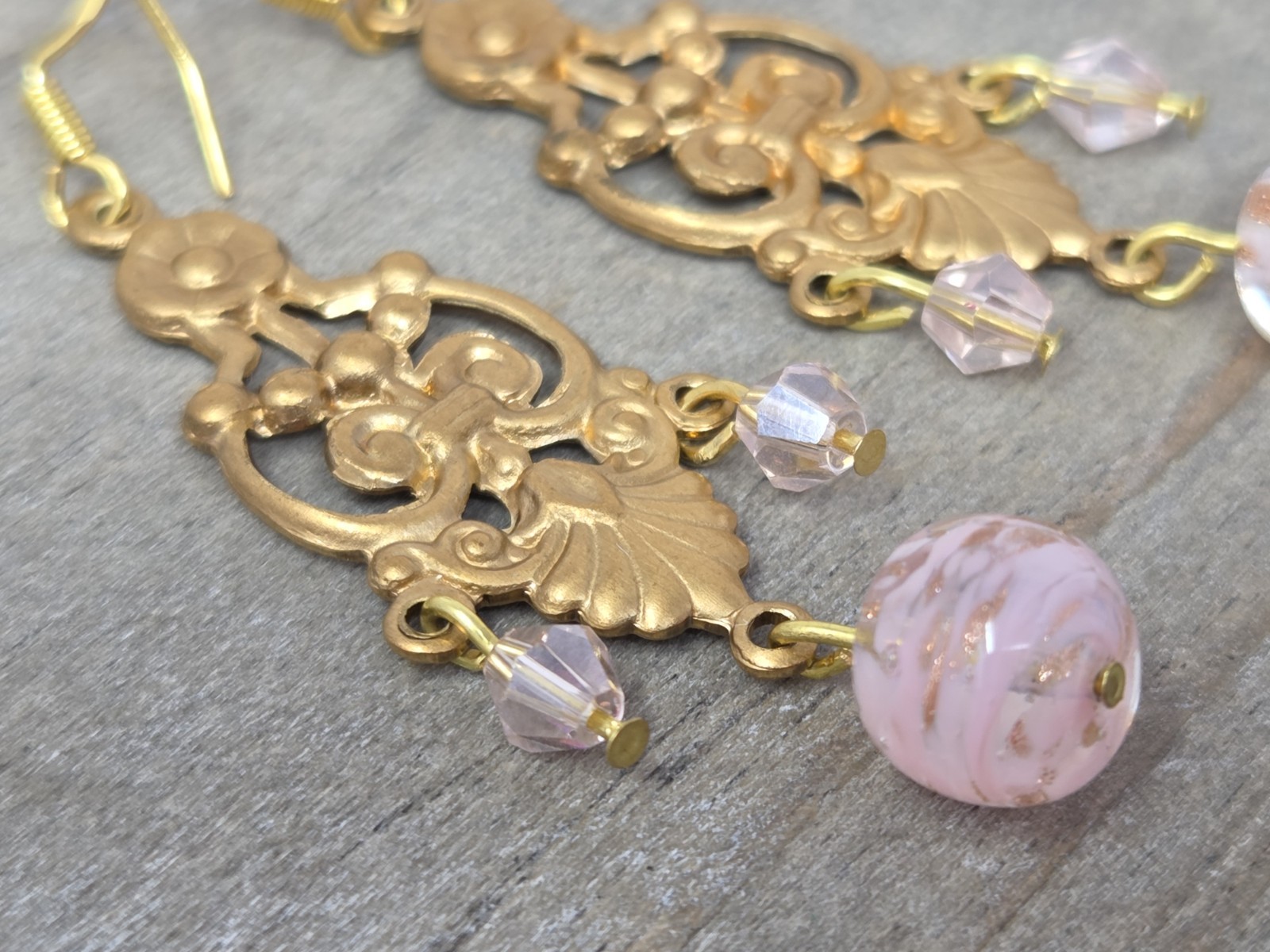 Light Pink Gold Murano Glass & Pink Crystal Dangle Drop Earrings Vintage 2 Inch