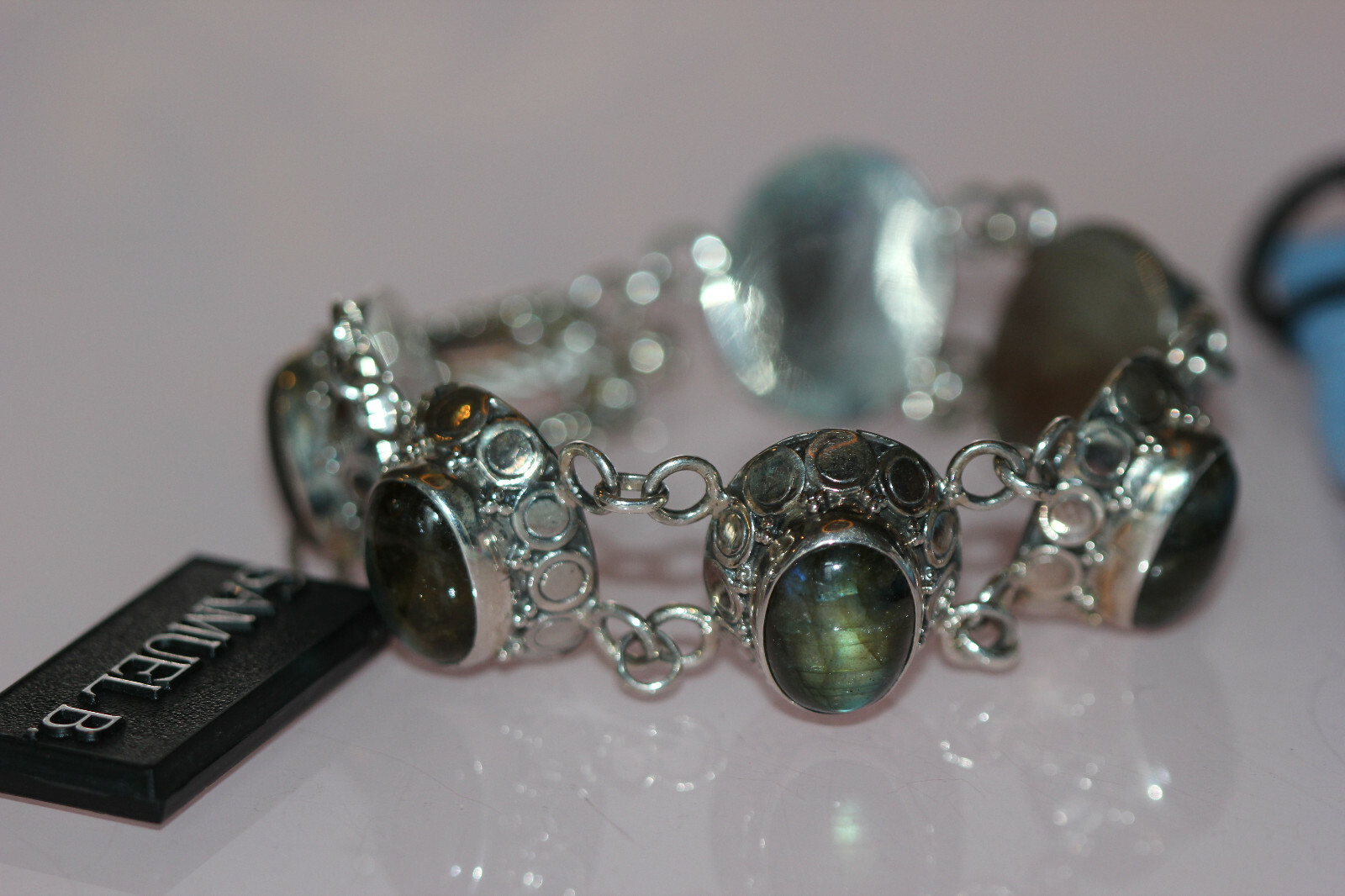 NWT Samuel B. Labradorite & Sterling Silver T-Bar Bracelet polish cloth/bag 7.5