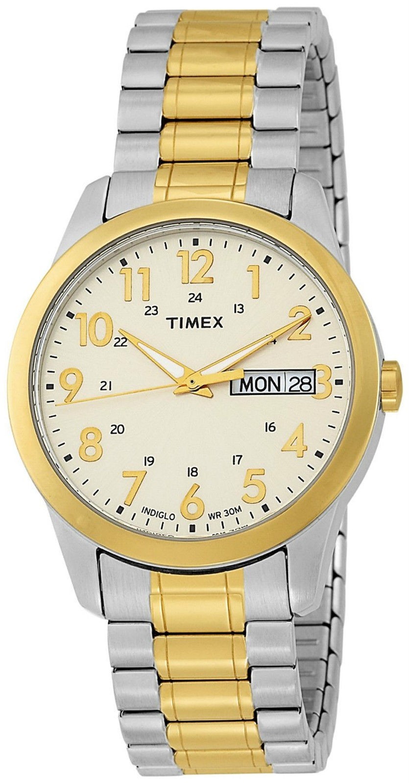 Timex T2M935, Men’s Two-Tone Expansion Band Watch, Indiglo, Day/Date, NEW