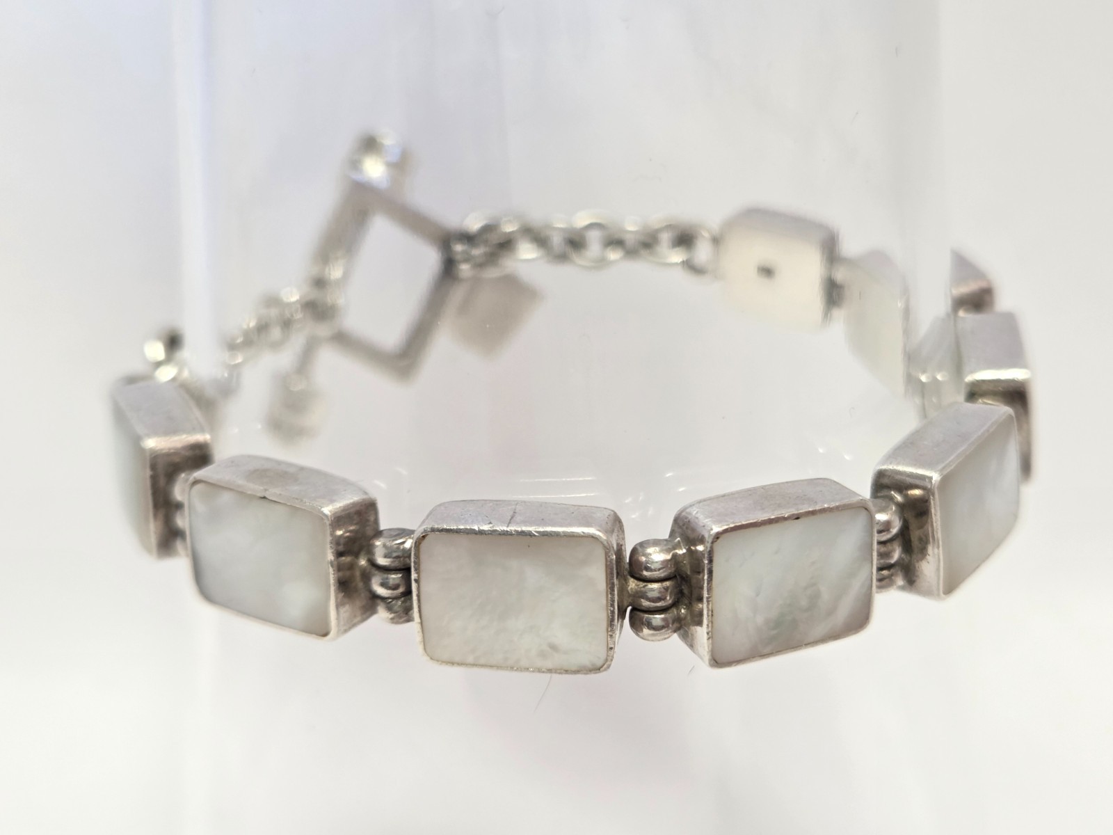 SUE HUSTON Sterling Silver Shell Inlay Bracelet 925 MOP Toggle Clasp 7″ L x3/8″w