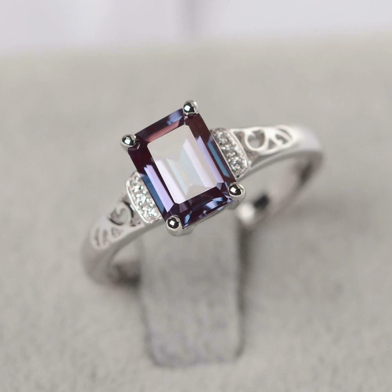 2.25 Ct Emerald Cut Natural Alexandrite Diamond & Wedding Ring 14K White Gold