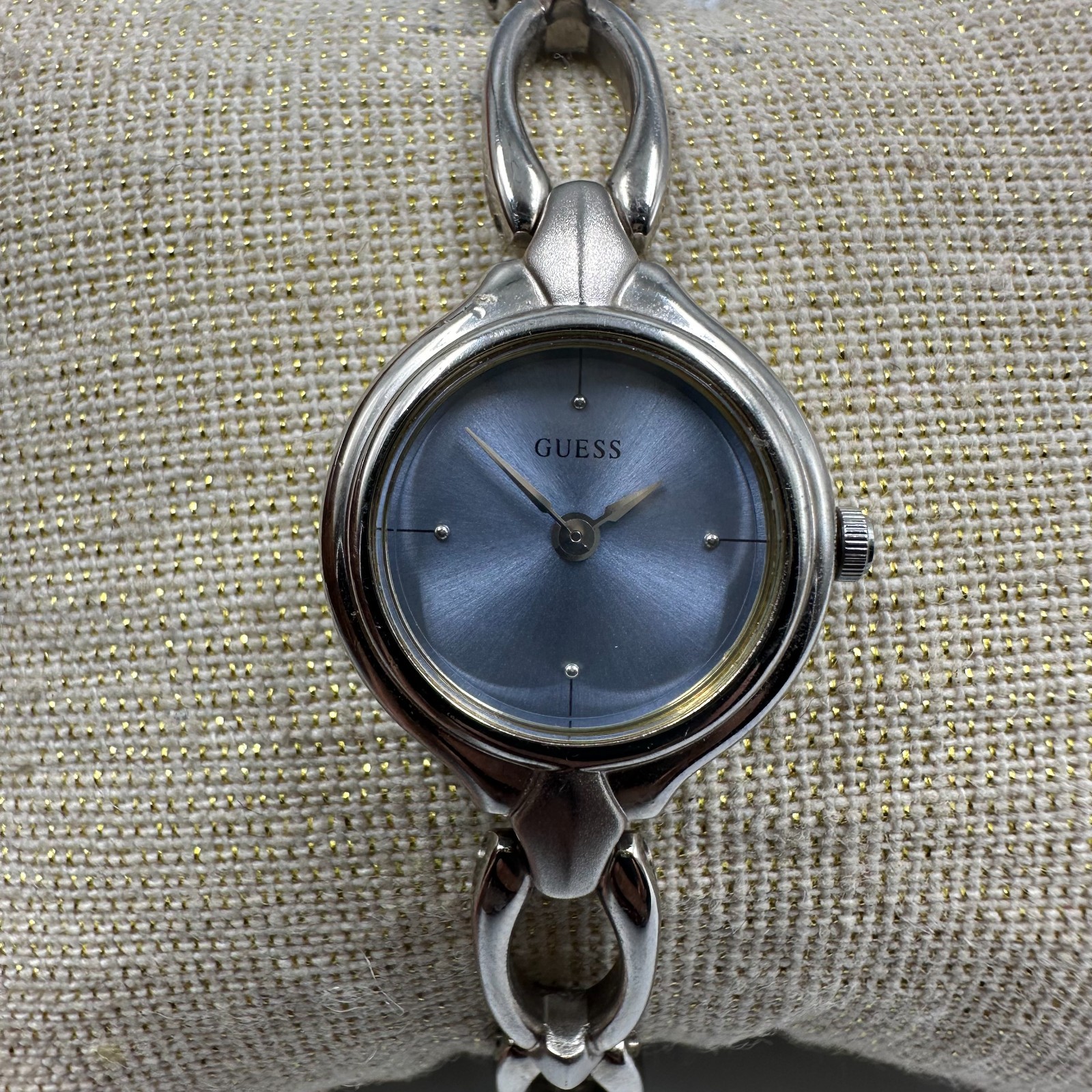 Guess Watch Women Silver Tone Small Blue Dial 19MM New Battery 7.25 Inch