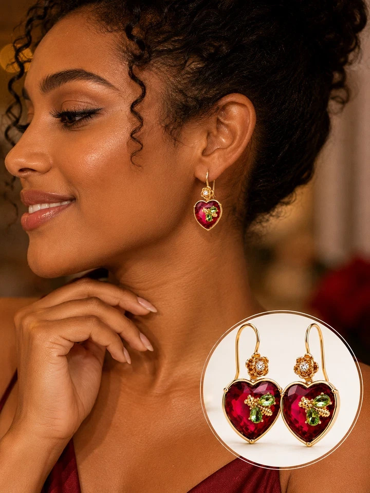Women’s Red Crystal Heart Dangle Earrings Gold Tone Bee Floral Hook Jewelry
