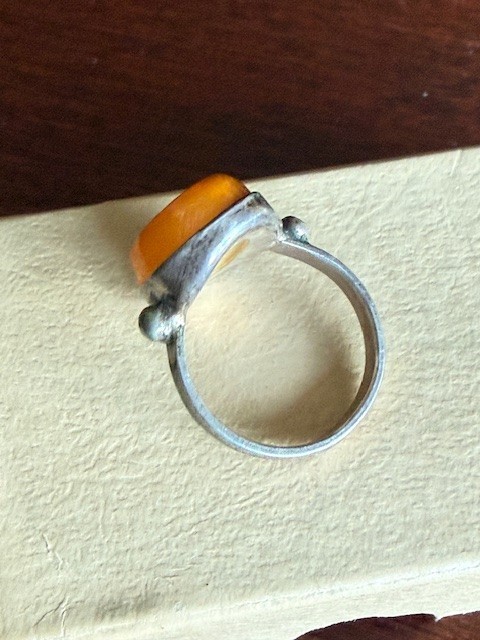 Vintage Sterling Silver 925 Baltic Egg Yolk Oval Amber Cabochon Ring 1960’s sz 7