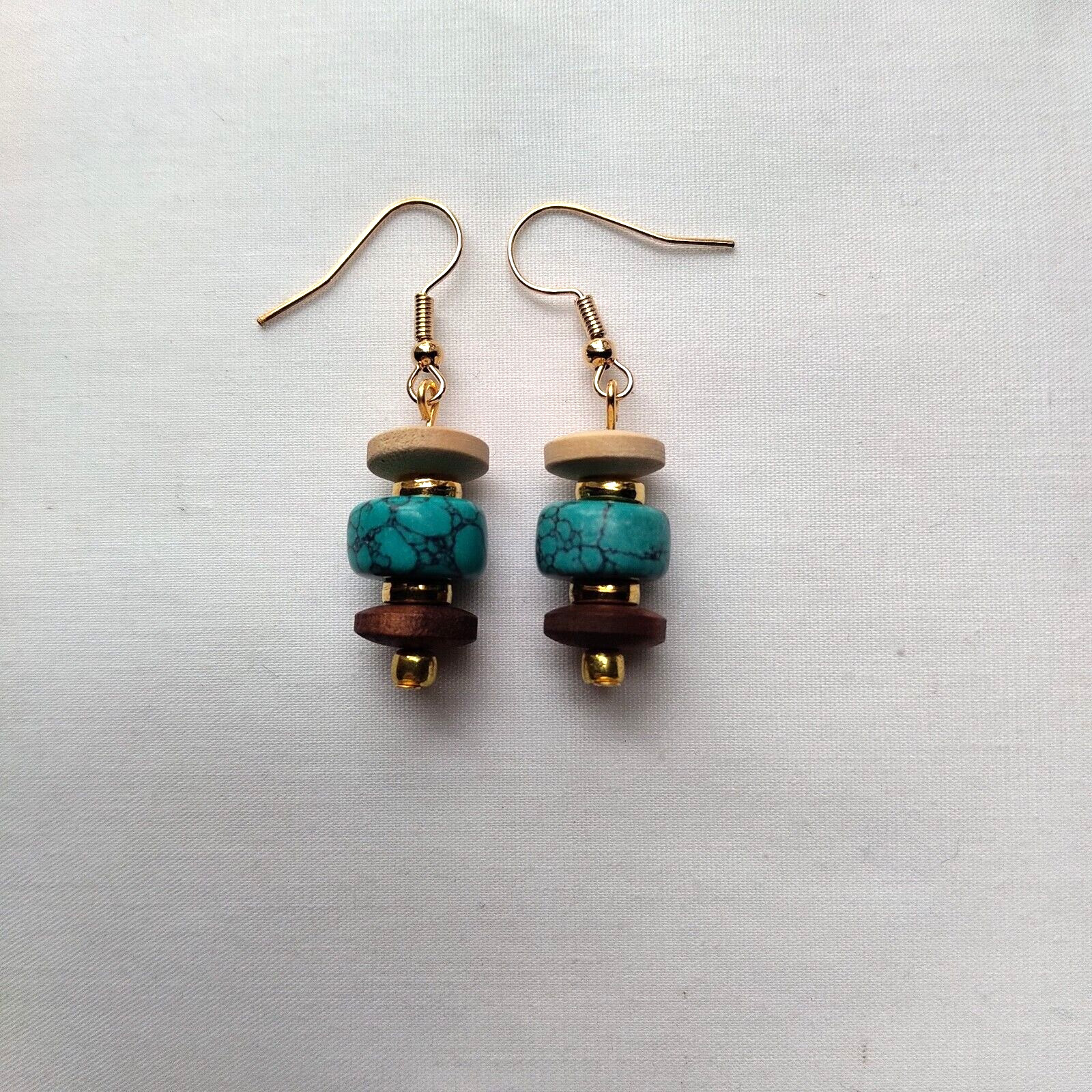 Earth Tone Wood Turquoise Howlite Beaded Dangle Earrings Handmade Gold Tone Boho