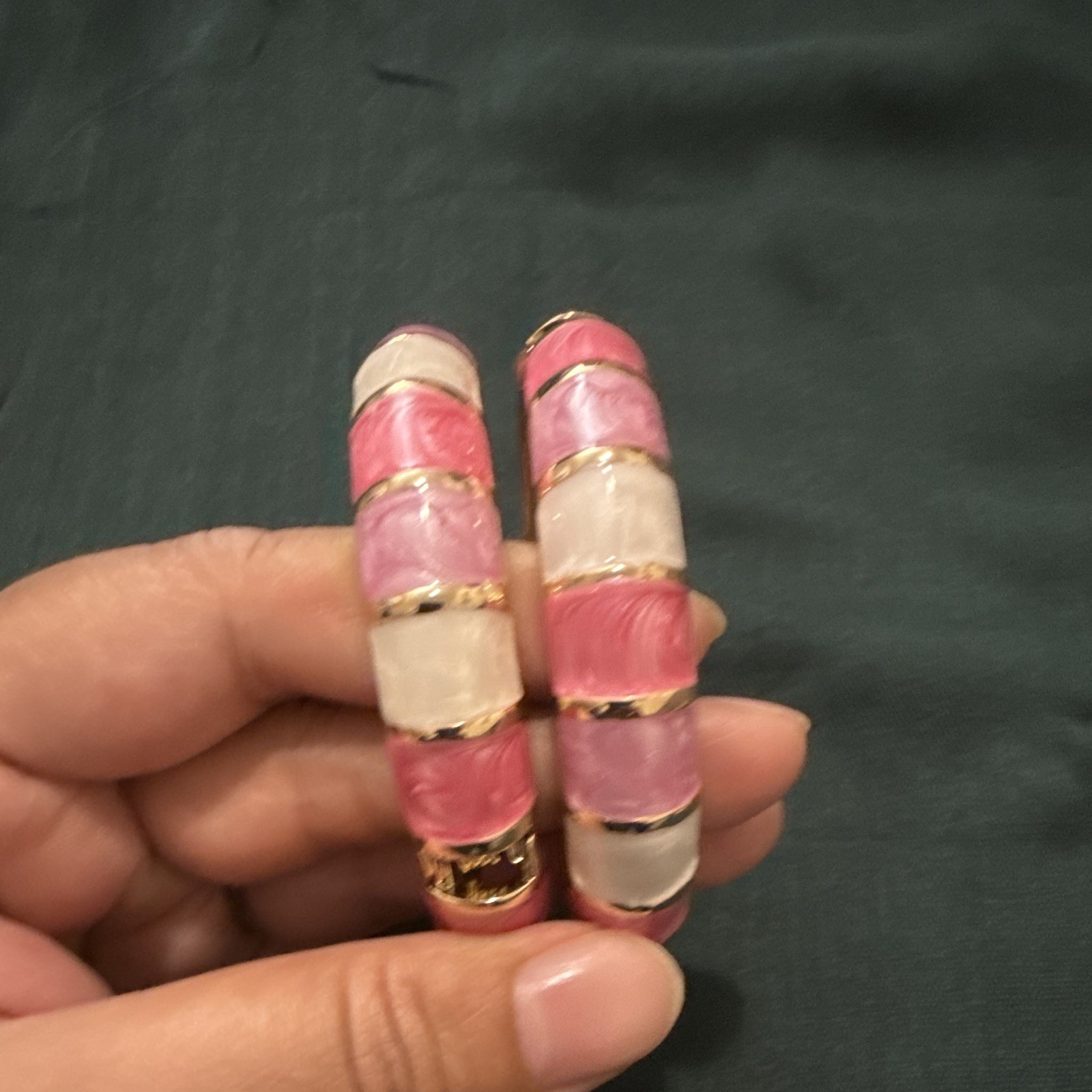 Set of 2 Gold Tone Hinged Bangle Bracelets Pink White Enamel No Stone