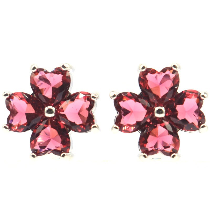 15x15mm Gorgeous Flowers Shape Pink Raspberry Rhodolite Garnet Silver Earrings