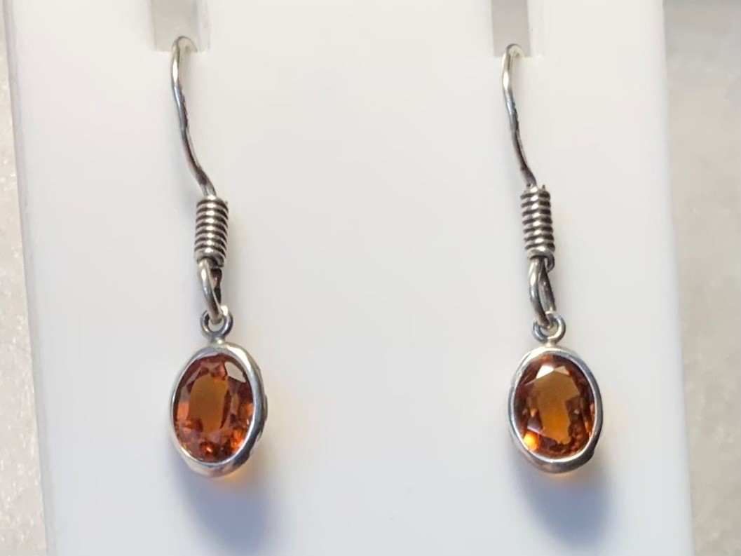 STERLING SILVER .925 HESSONITE GARNET 8MMX6MM RED/ORANGE EARRINGS BEZEL SET