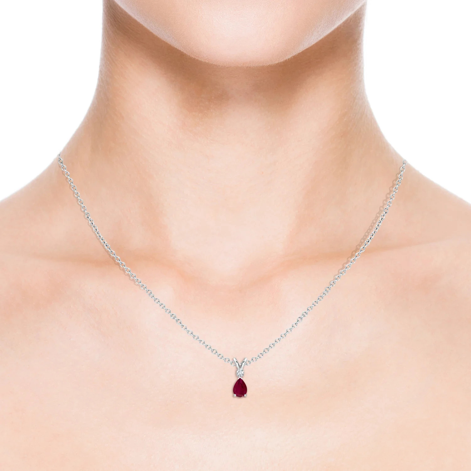 Angara Natural Prong-Set Ruby Teardrop V-Bale Pendant with Diamond in Silver