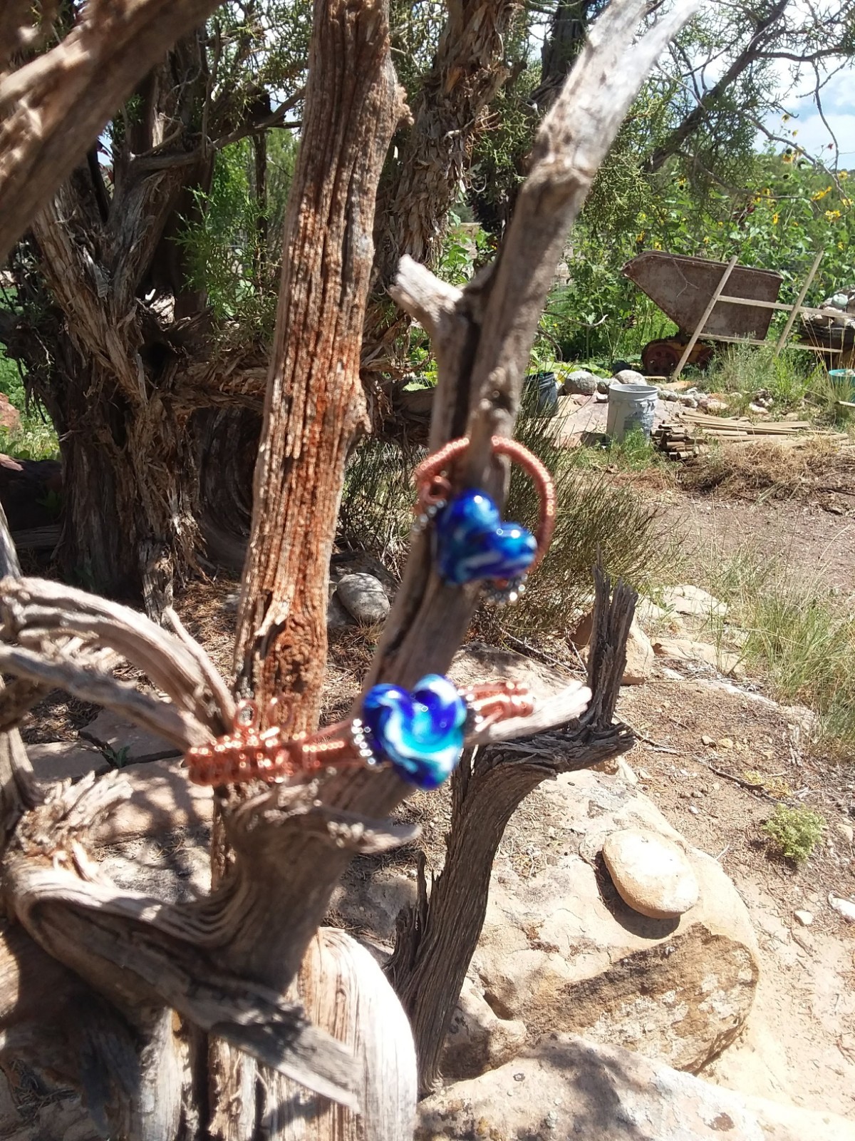 Handmade Lampwork Bead Blue Swirls, Copper Wire Cuff Bracelet And Ring To Match
