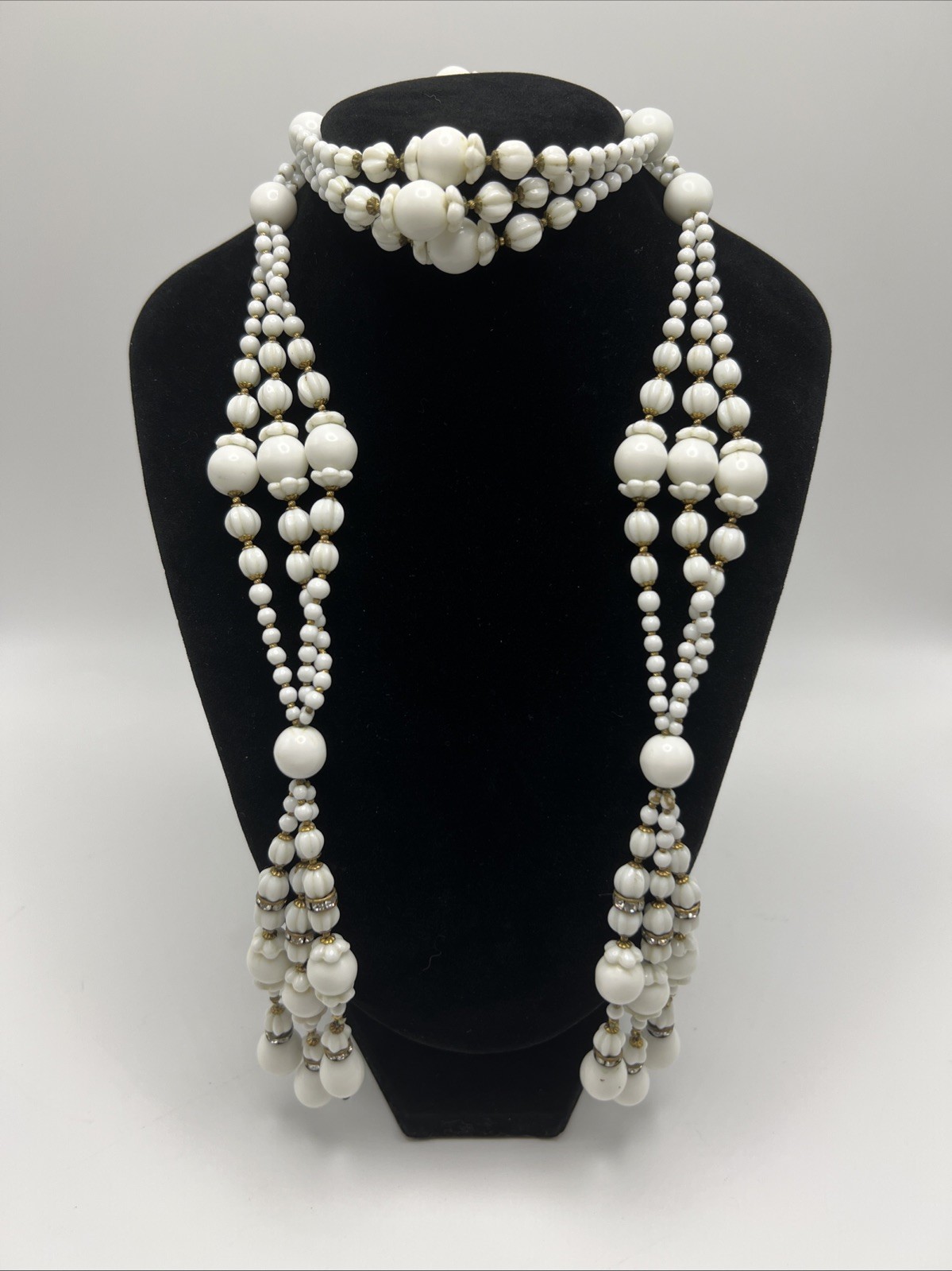 1930s 40s Milk Glass Lariat Necklace Rhinestone Multi Strand Art Deco 34”