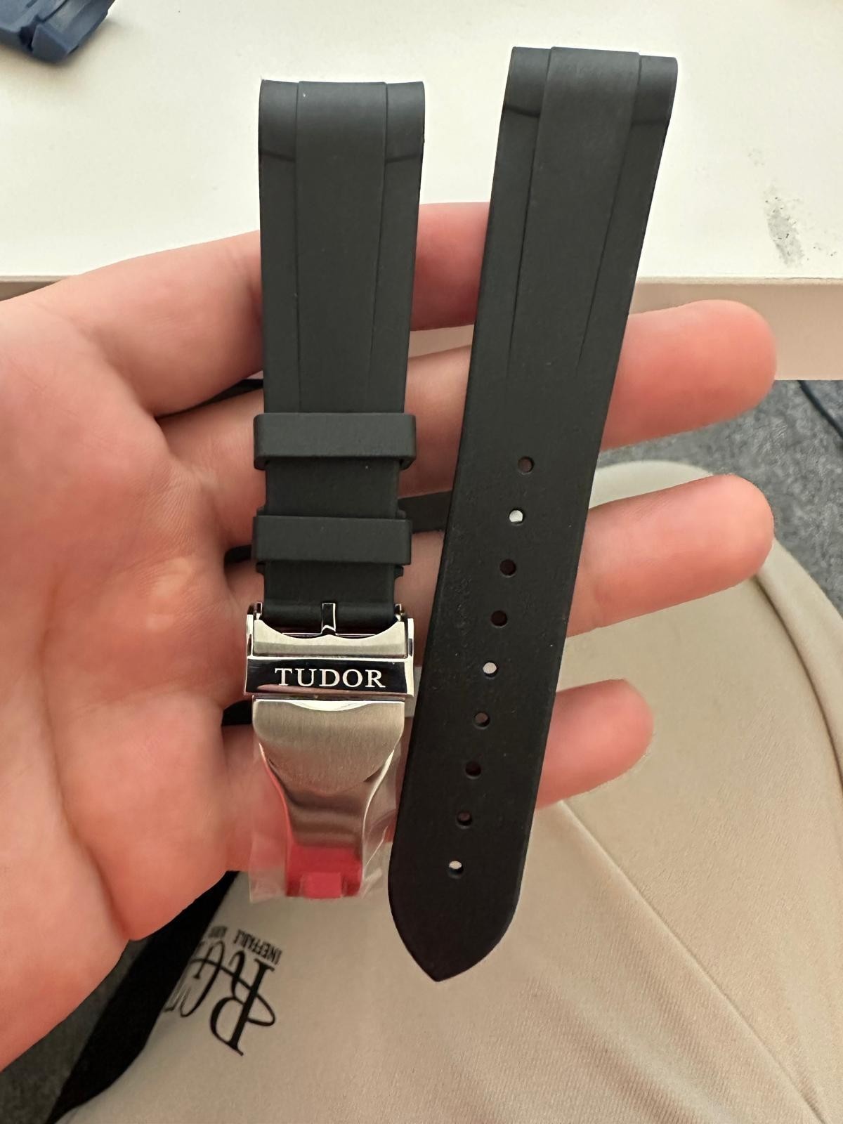 22mm tudor strap Black rubber watch band silver deployment