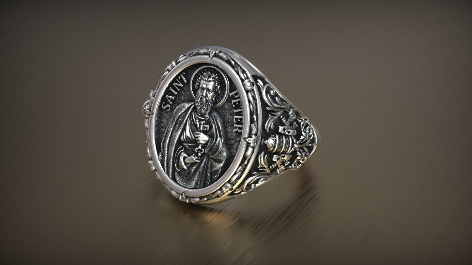Oxidized Mens Saint Peter Apostle Keys Of Heaven Shield Christian 925Silver Ring