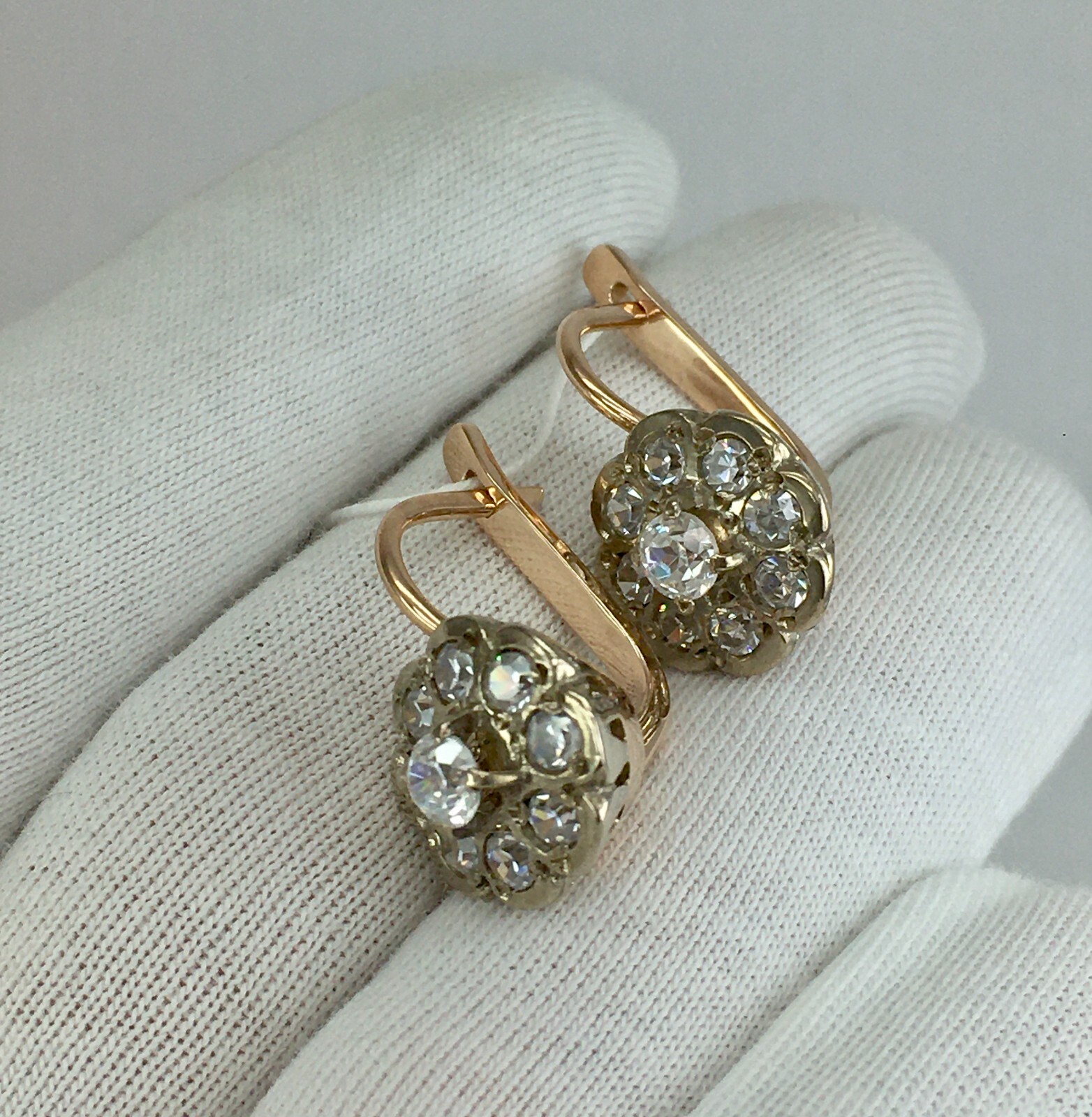 Vintage Original Rose & White Gold Cubic Zirconia Earrings 585 14K 7.36 g. 1990s