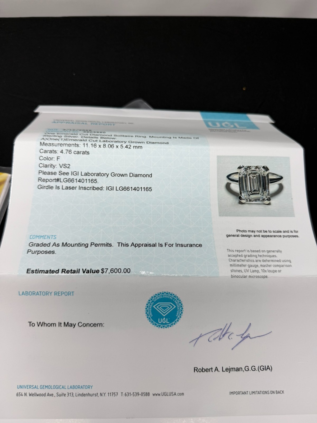 IGI CERTIFIED 4.76ct EMERALD CUT LAB GROWN DIAMOND ENGAGEMENT WEDDING RING