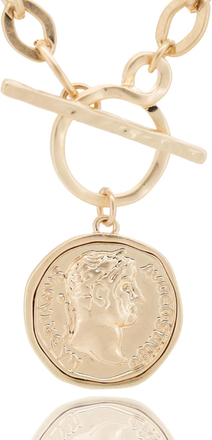 Chunky Coin Antique Gold Plated Thick Link Chain Layered Pendant Necklace for Wo
