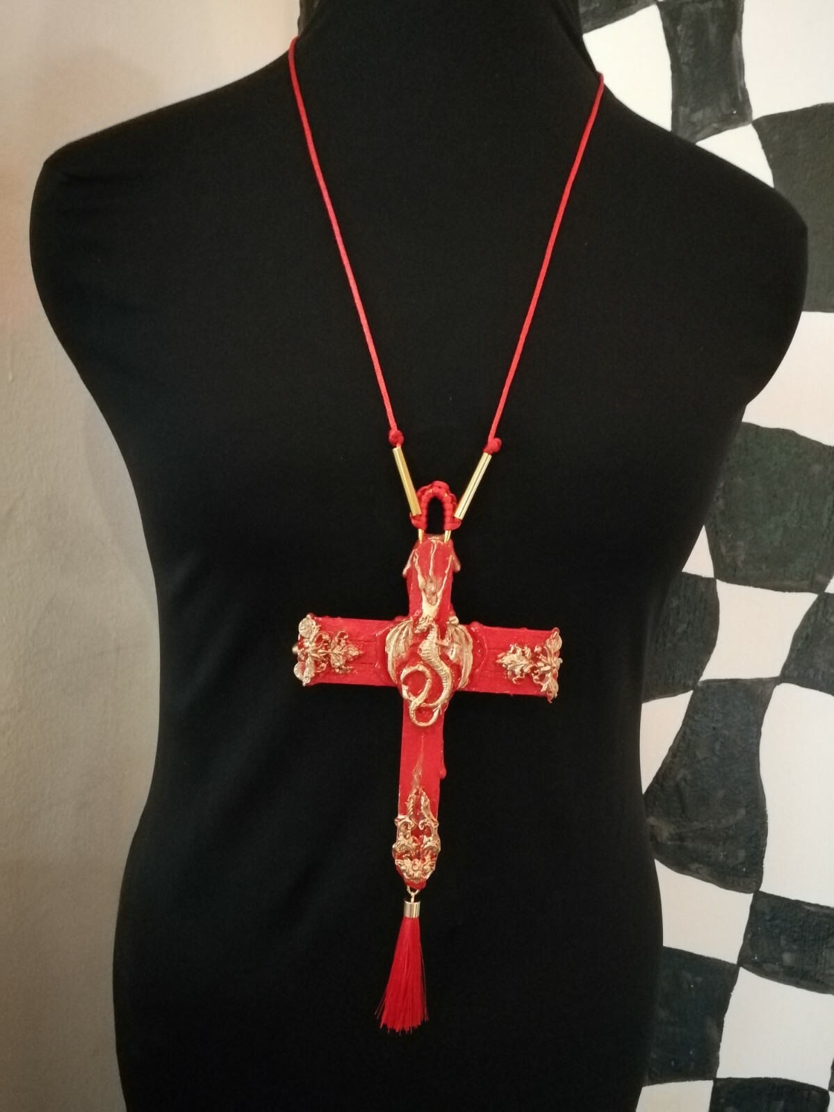 red dragon rouge cross crucifix wood witch pendant magical talisman pagan gothic