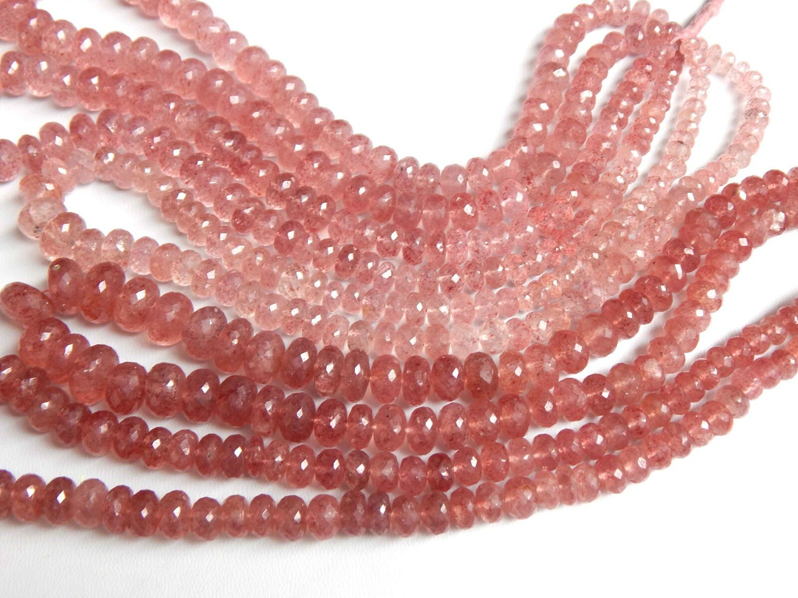 GTL Certified Natural Pink Strawberry Quartz Faceted Rondelle Gemstone Beads
