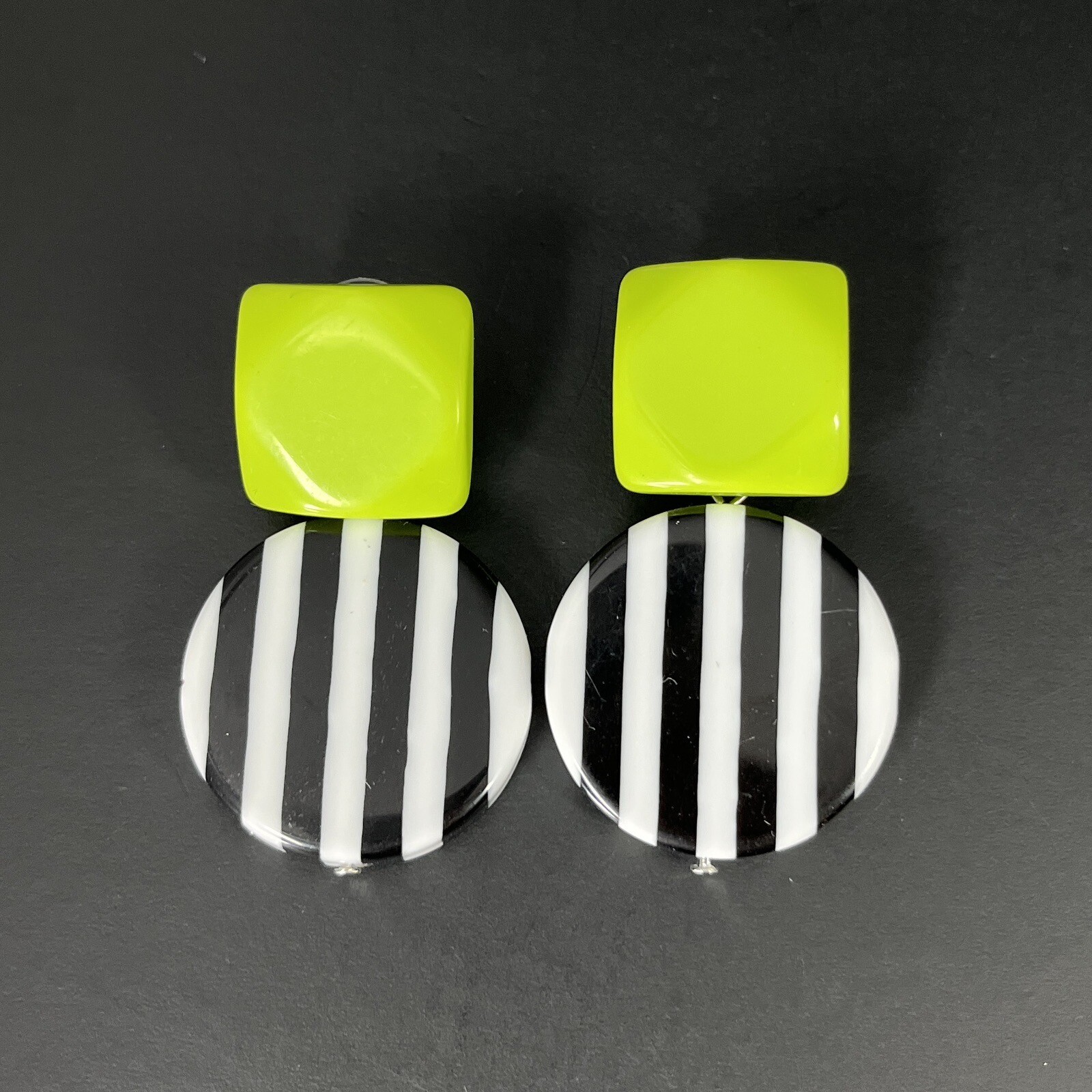 Layered Lucite Stripe Earrings Black White Lime Green Pierced Post Modern Art