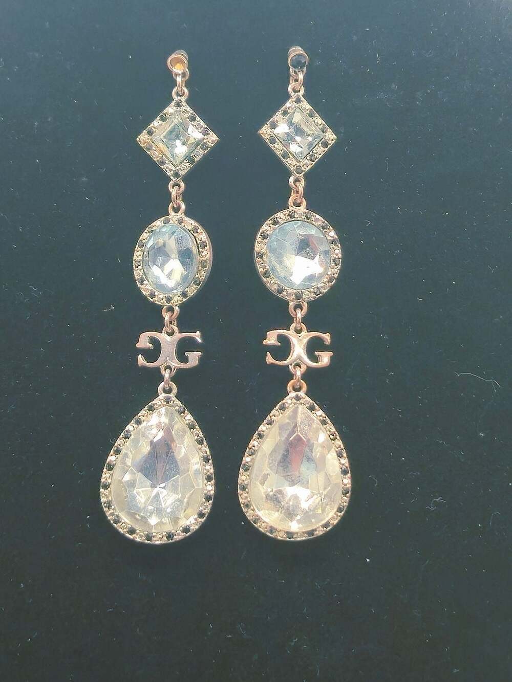 Guess Silver Tone Triple Drop Crystal Logo Earrings