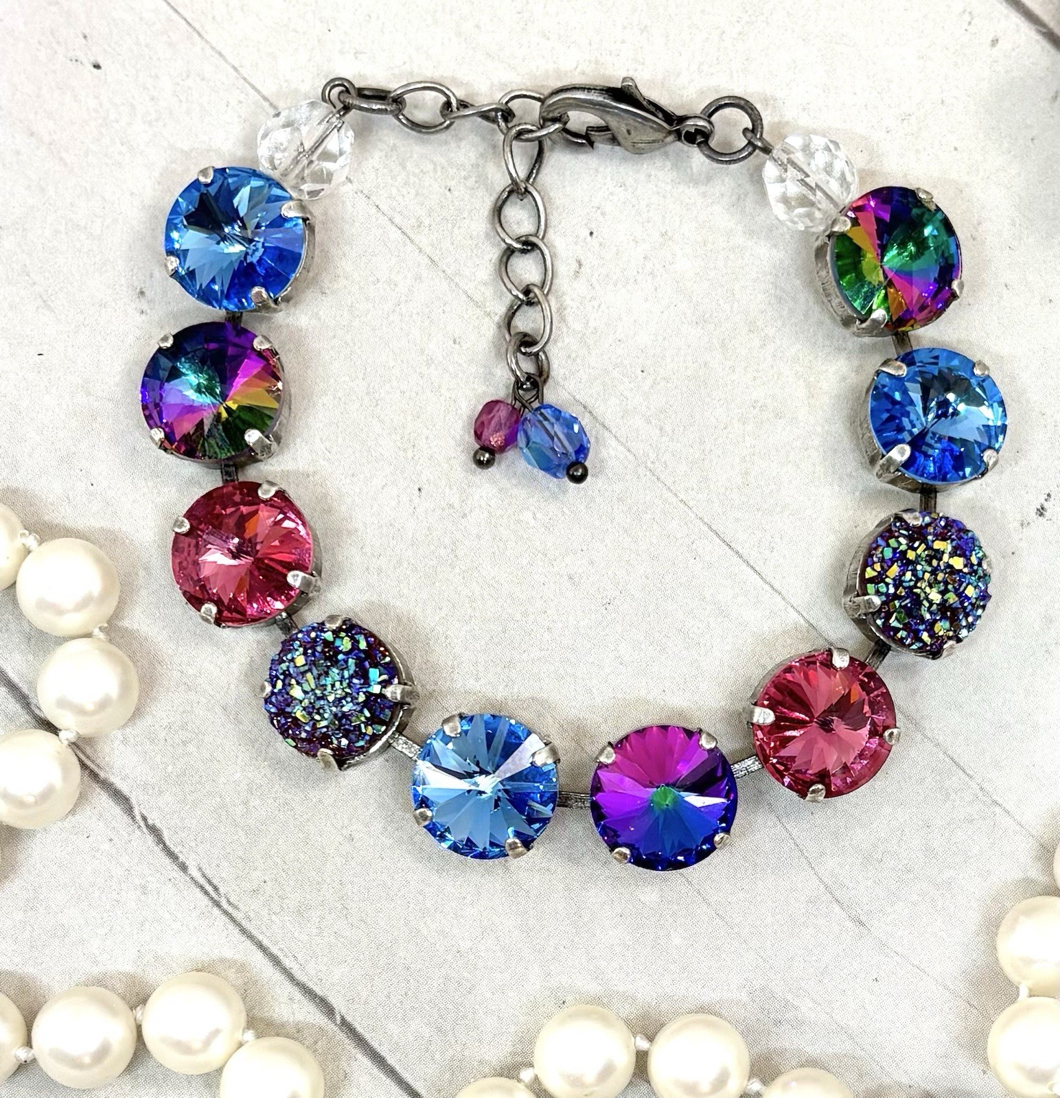 12mm Antique Silver Plated Ice Blue And Pink Druzy Cup Chain Statement Bracelet