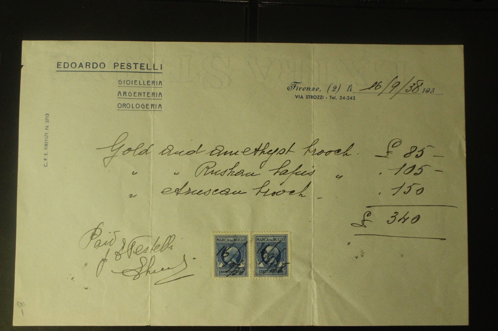 Edoardo Pestelli 1938 Document with Revenue Stamps Italy Firenze Gold jewelry