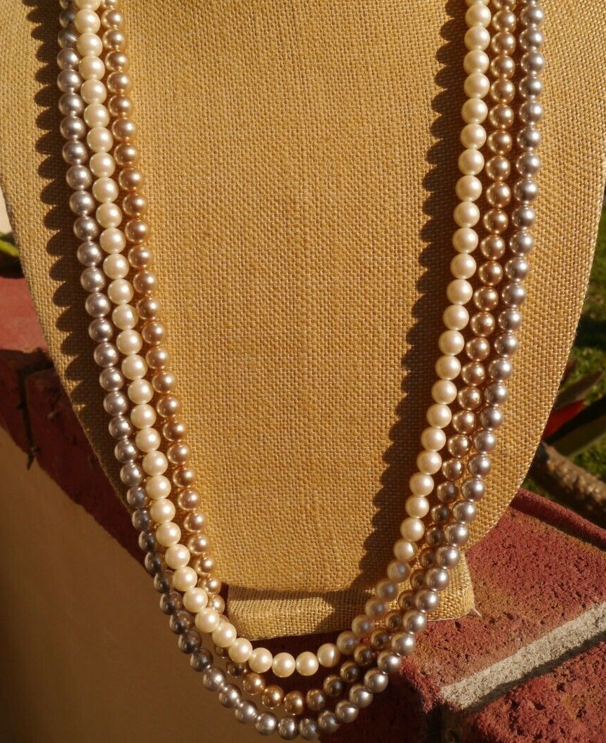 Monet Necklace Faux Pearl Gray Cream Champagne Triple Strand Ornate Box Clasp
