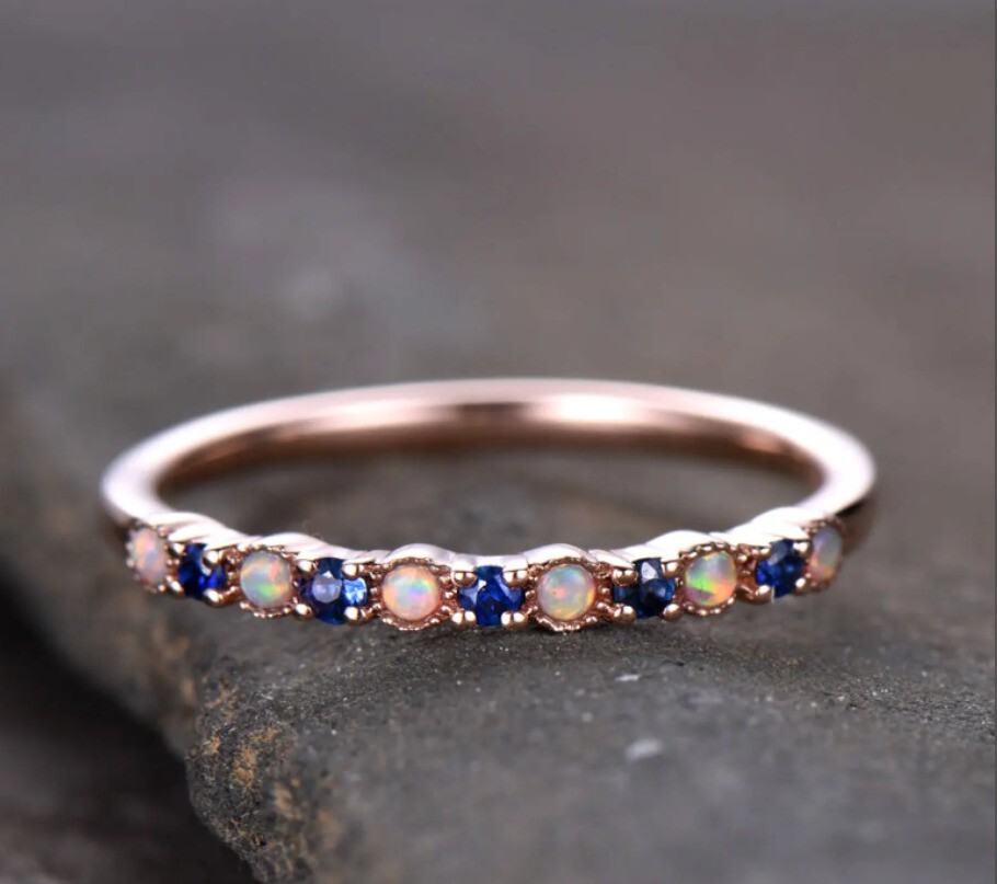 14k Rose Gold Plated Silver 3Ct Round Cut Simulated Fire Opal Women’s Band Ring