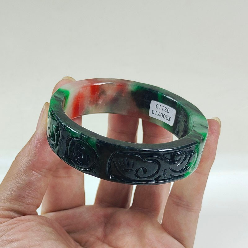 61mm Real Natural Ice Multicolor Burmese Jade jadeite Carving Bracelet Bangle