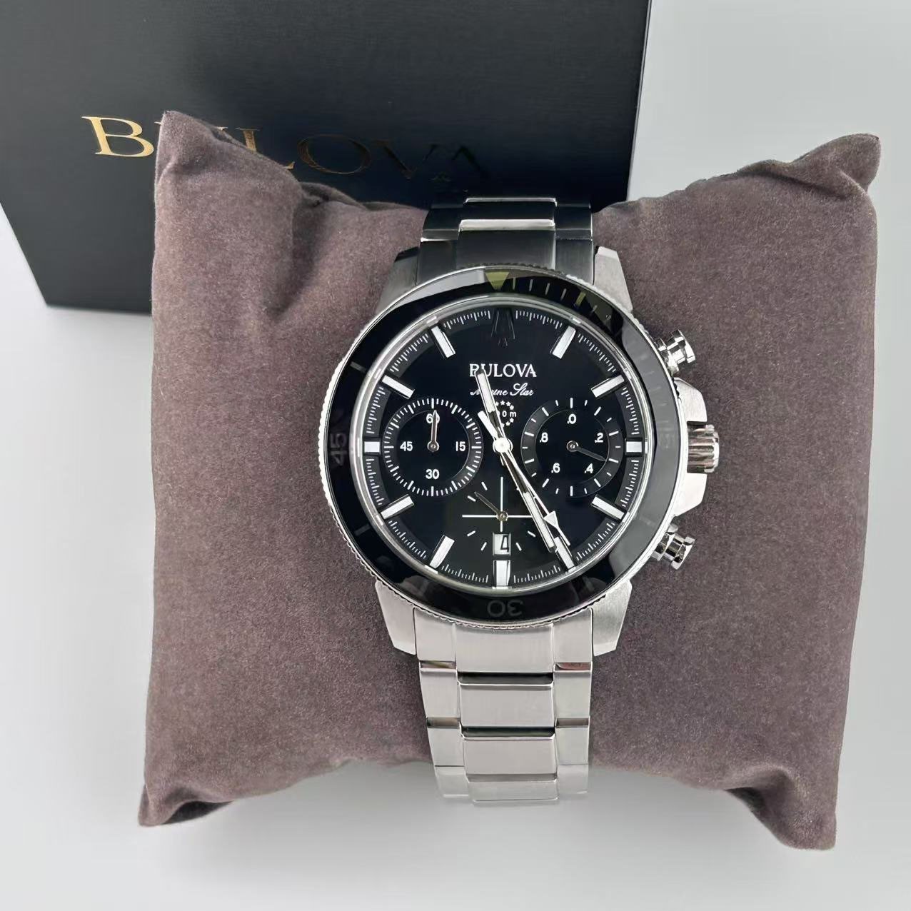 New Bulova Marine Star Black Dial Stainless Steel Men’s Quartz Watch 96B272 45mm