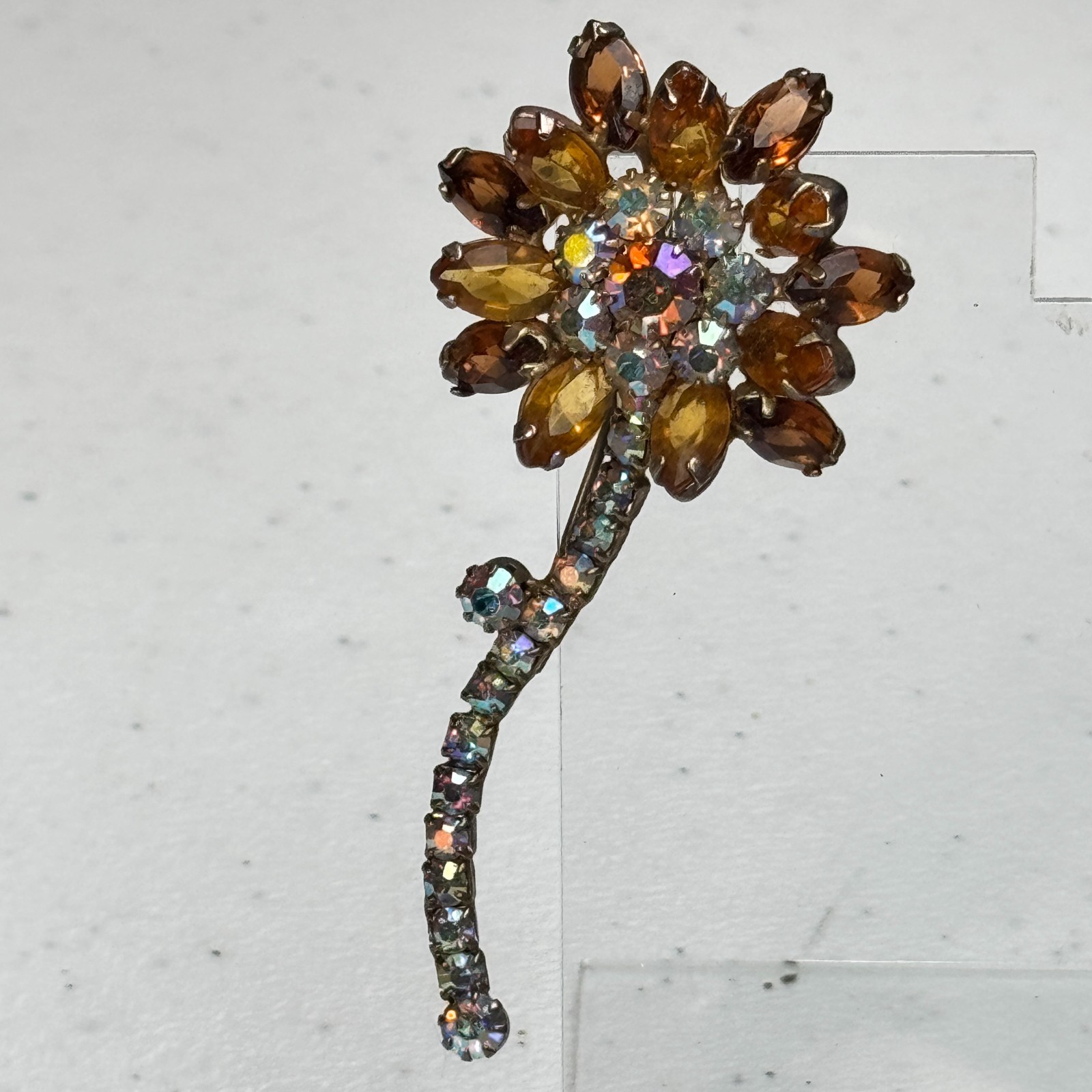 Vintage Brooch Brown Rhinestone Flower AB Stem Daisy MCM 50s 60s