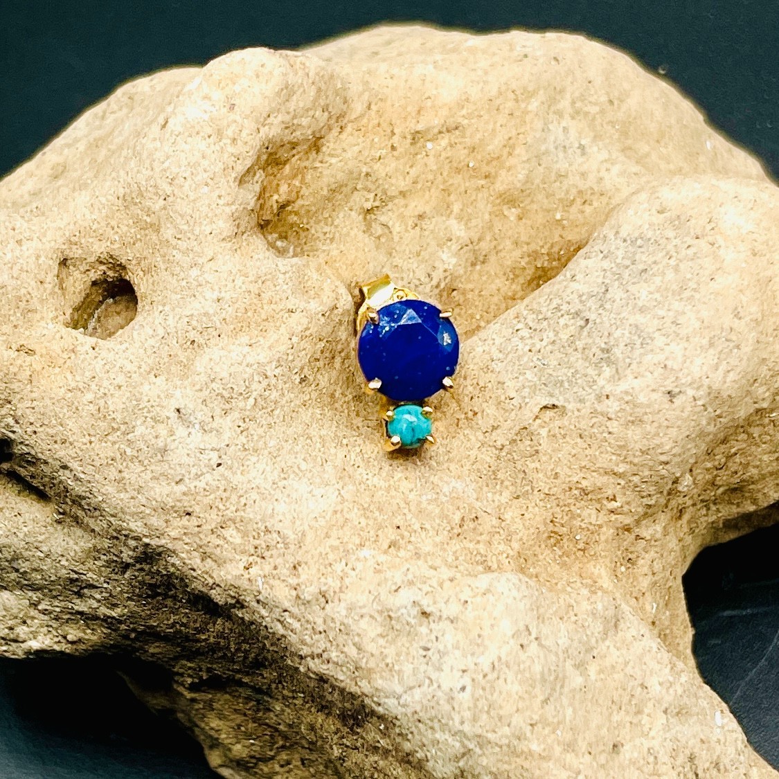 Lapis Lazuli & Turquoise Stud Earring Yellow Gold Tone Dainty Boho Jewelry Women