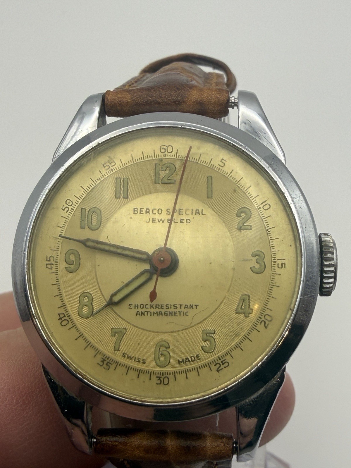 Vintage Berco Special Jeweled Swiss 32.5 mm Shock Resistant Runs Military Style