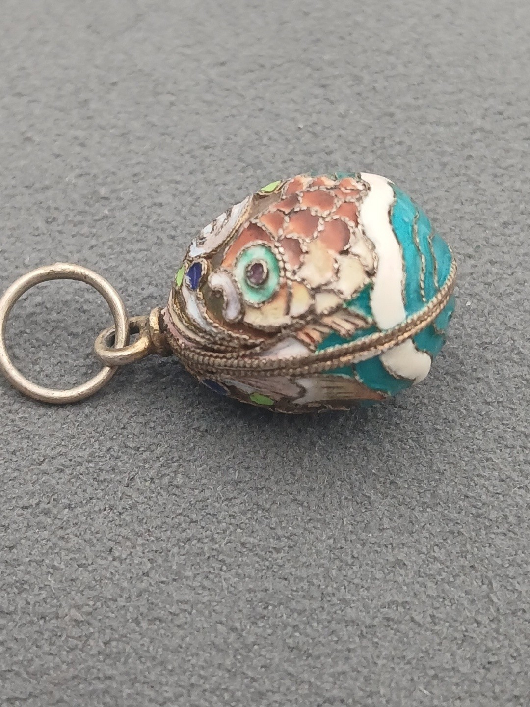 Vintage Cloisonne Chinese Enamel Koi Fish Sterling Silver Egg Charm Pendant