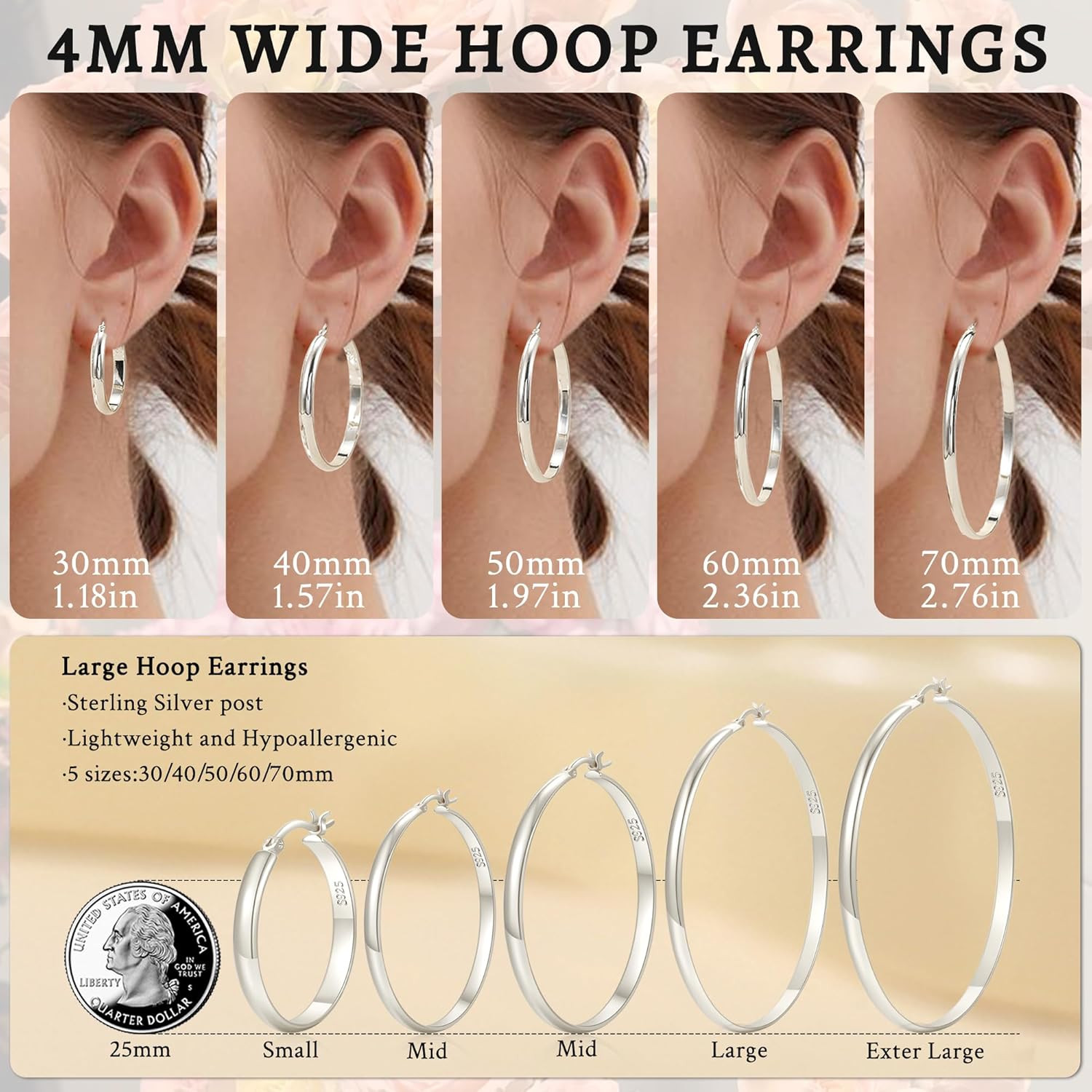 4mm Wide Large Silver Hoop Earrings Lightweight 925 Sterling Silver Hoop Earr…