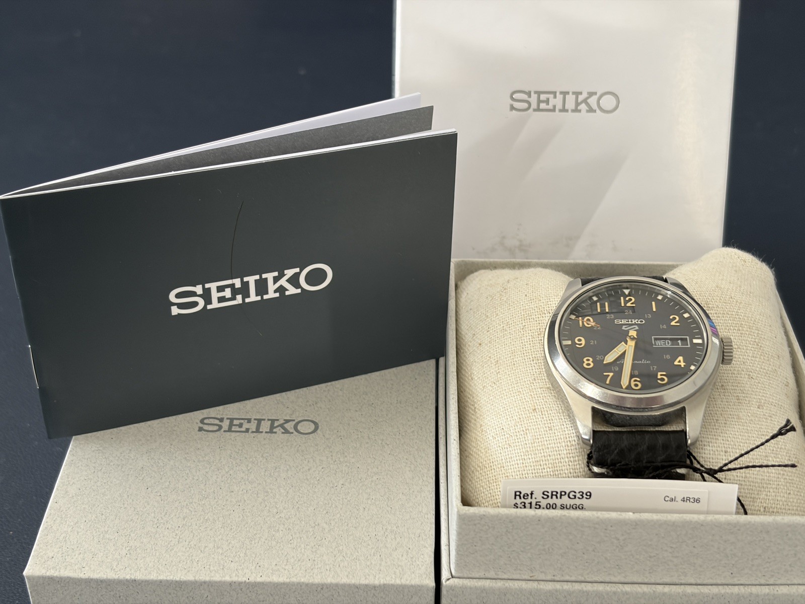 Seiko 5 Sports Day-Date Automatic 39.4 MM SS Leather Band Blue Watch SRPG39K1
