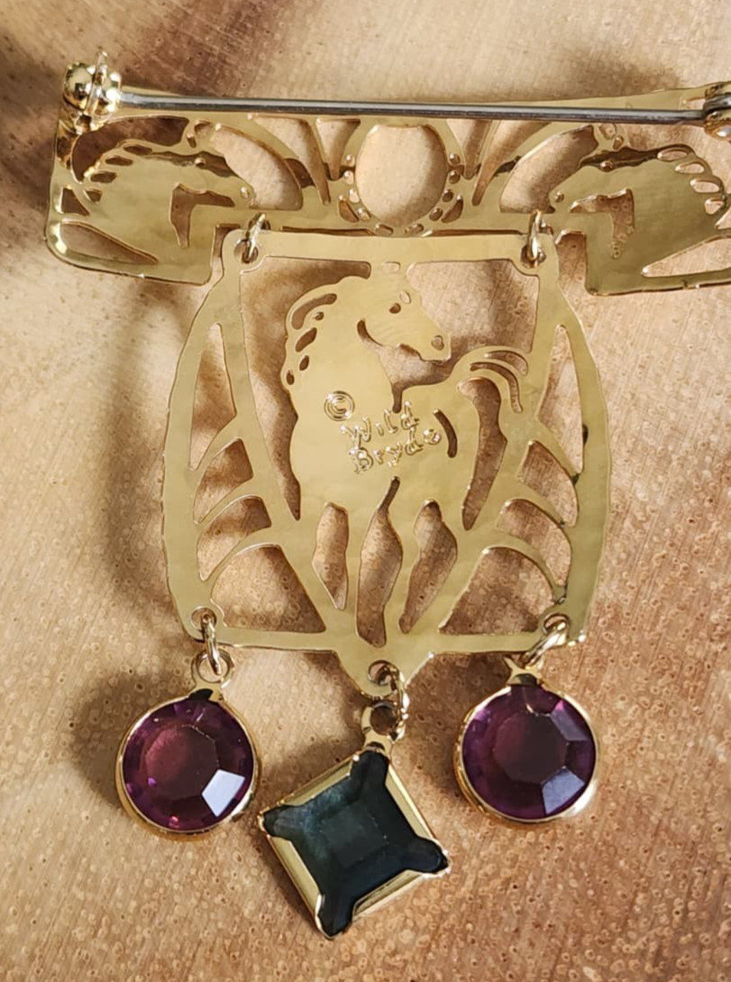 Wild Bryde Signed Horse Brooch Articulated Dangle Purple Blue Rhinestones Gold