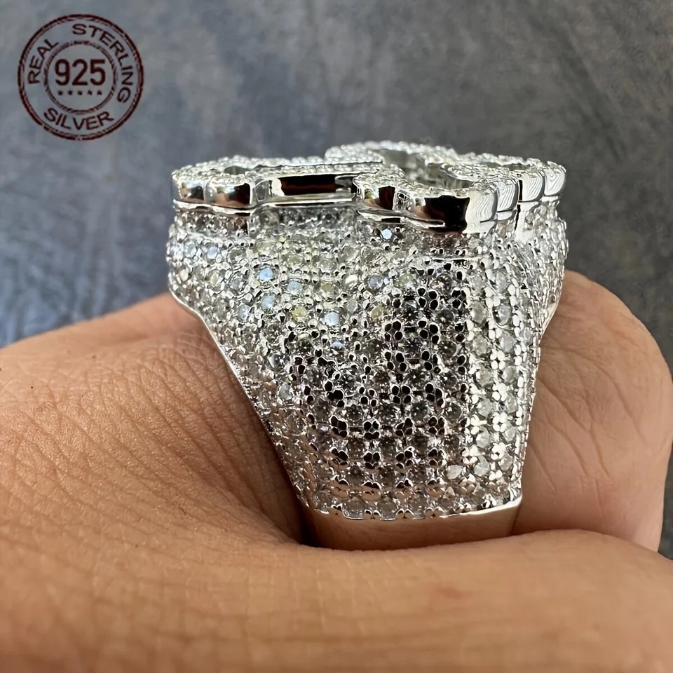 925 Sterling Silver Iced Out Cross Ring Men’s Hip Hop CZ Baguette Bling Vintage