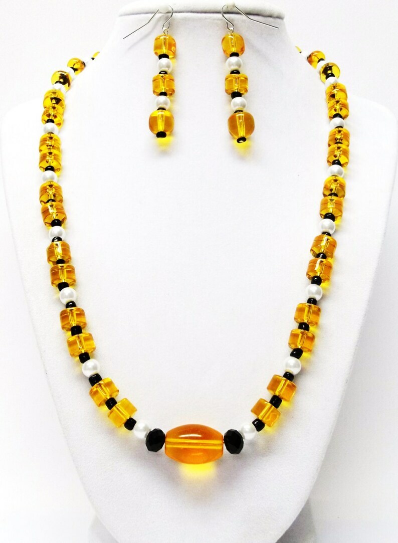 Mixed Shape Orange Transparent & White Glass Bead Necklace/Earrings Set