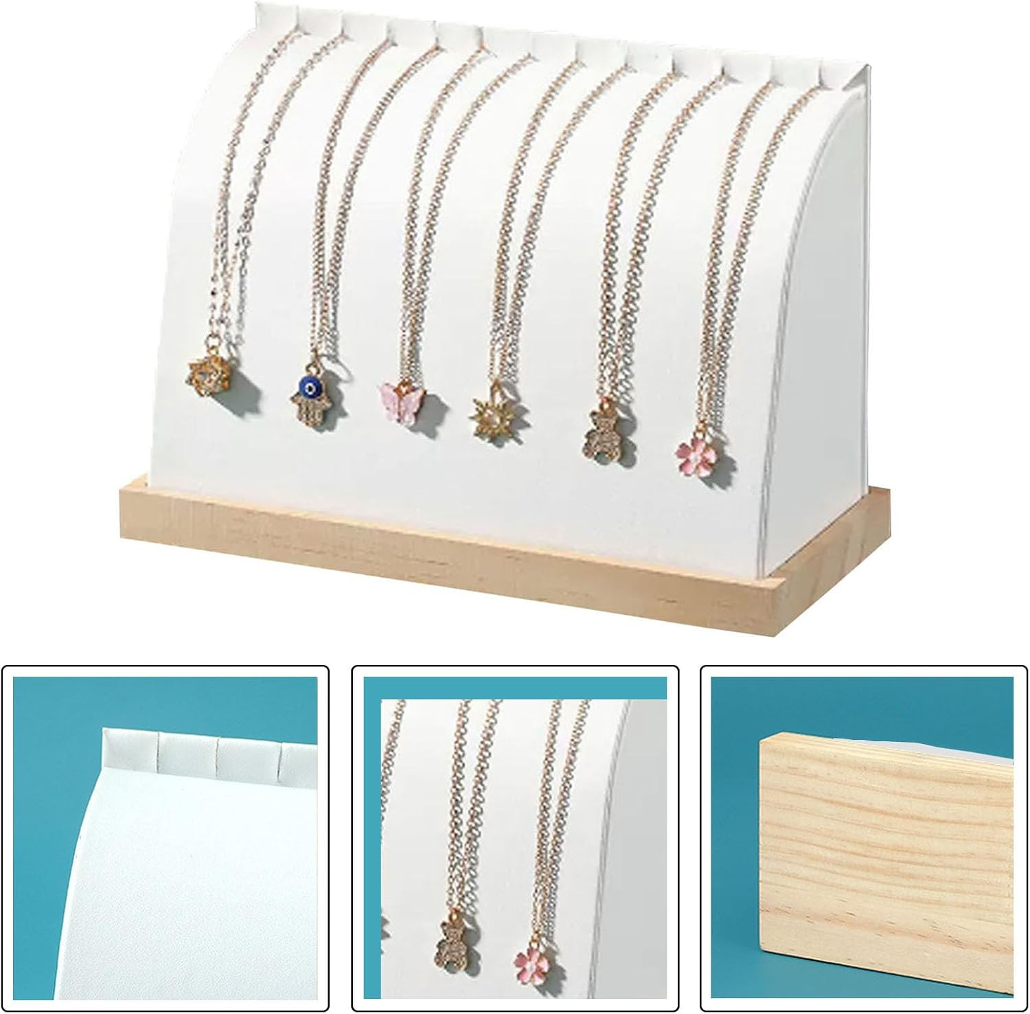 Cambered Wood Necklace Display Stand White Leather Mat for Retail Store | Wooden
