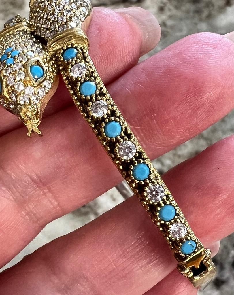 Snake Bracelet REAL Blue Turquoise 14K Gold on SOLID 925 Etruscan Victorian Rev.