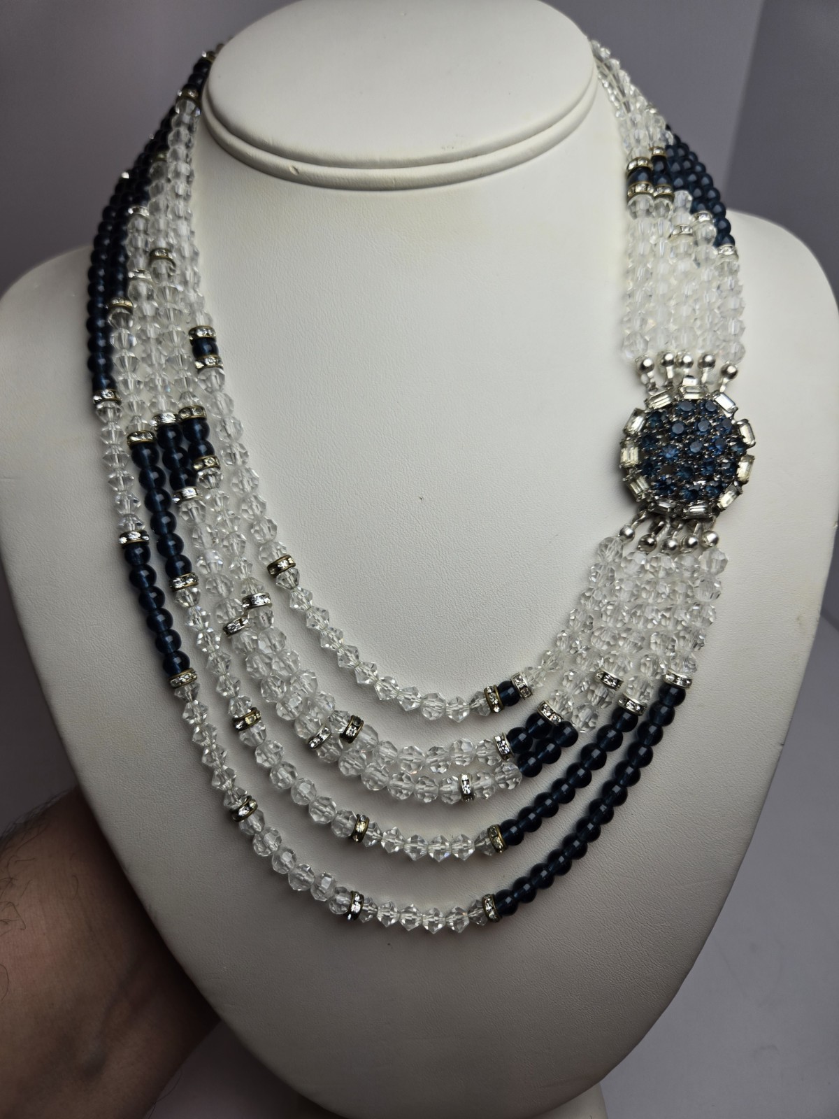 Stunning Vintage Signed Hobe 1965 Five strand Blue & Clear Crystal Necklace