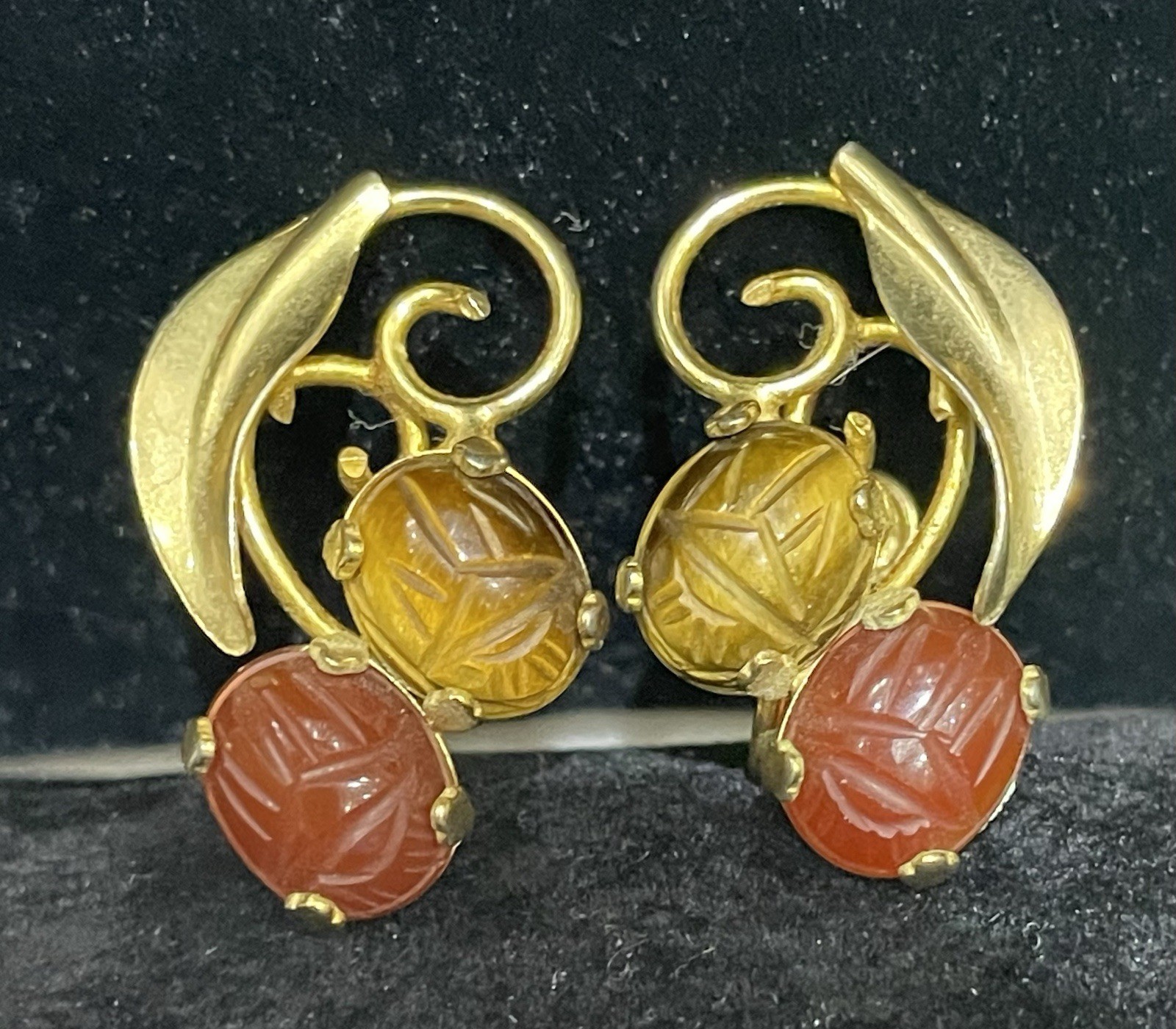 12K Gold Filled Scarab Yellow And Red Earrings Signed Burt Cassell Screwback