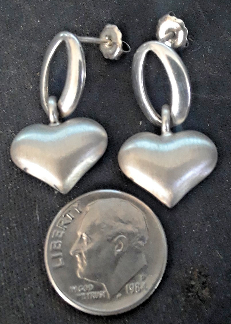 Vintage Sterling Silver Puffy Heart About 1 Inch Drop Earrings