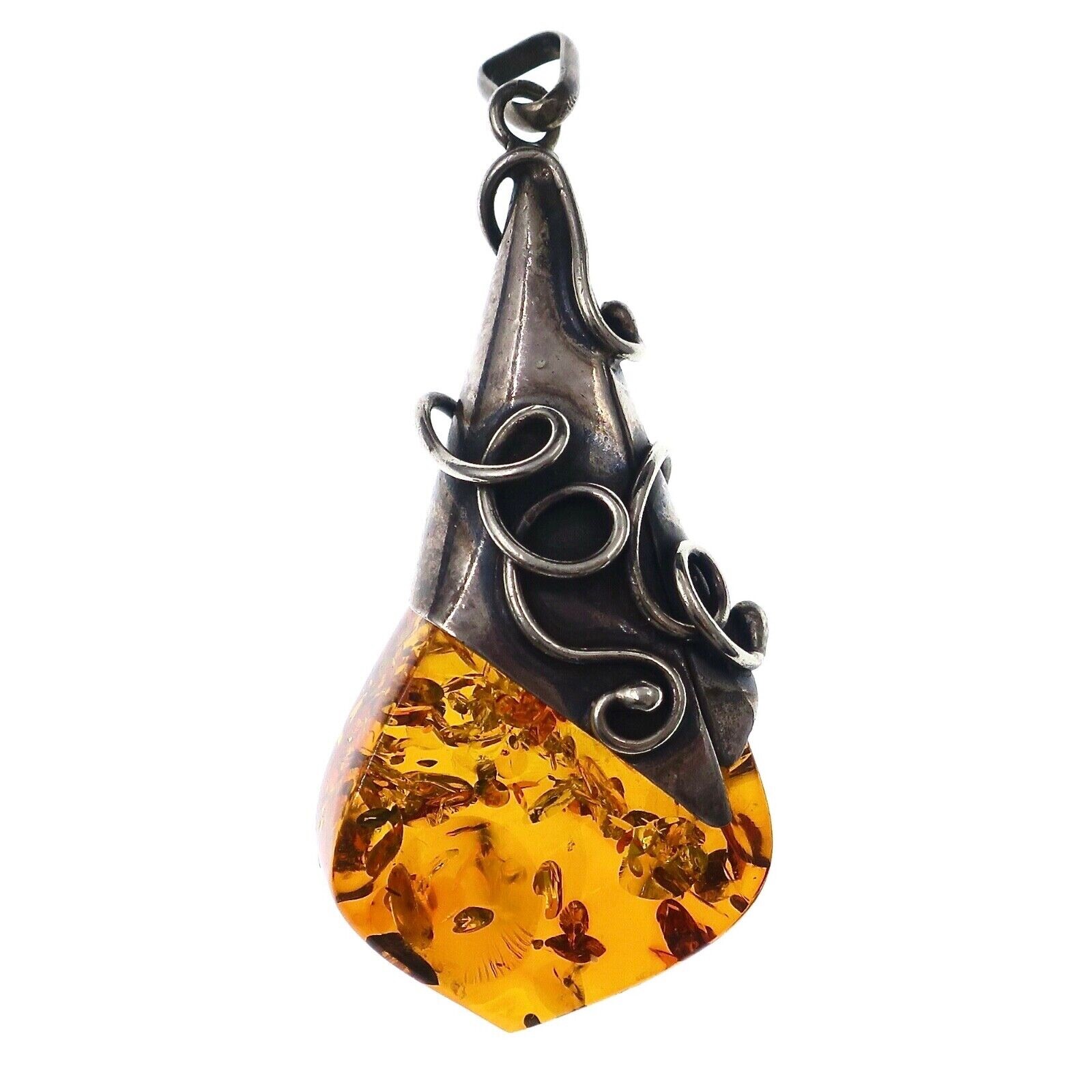 Vintage Sterling Silver and Golden Amber Pendant 2-1/2 inches Tall
