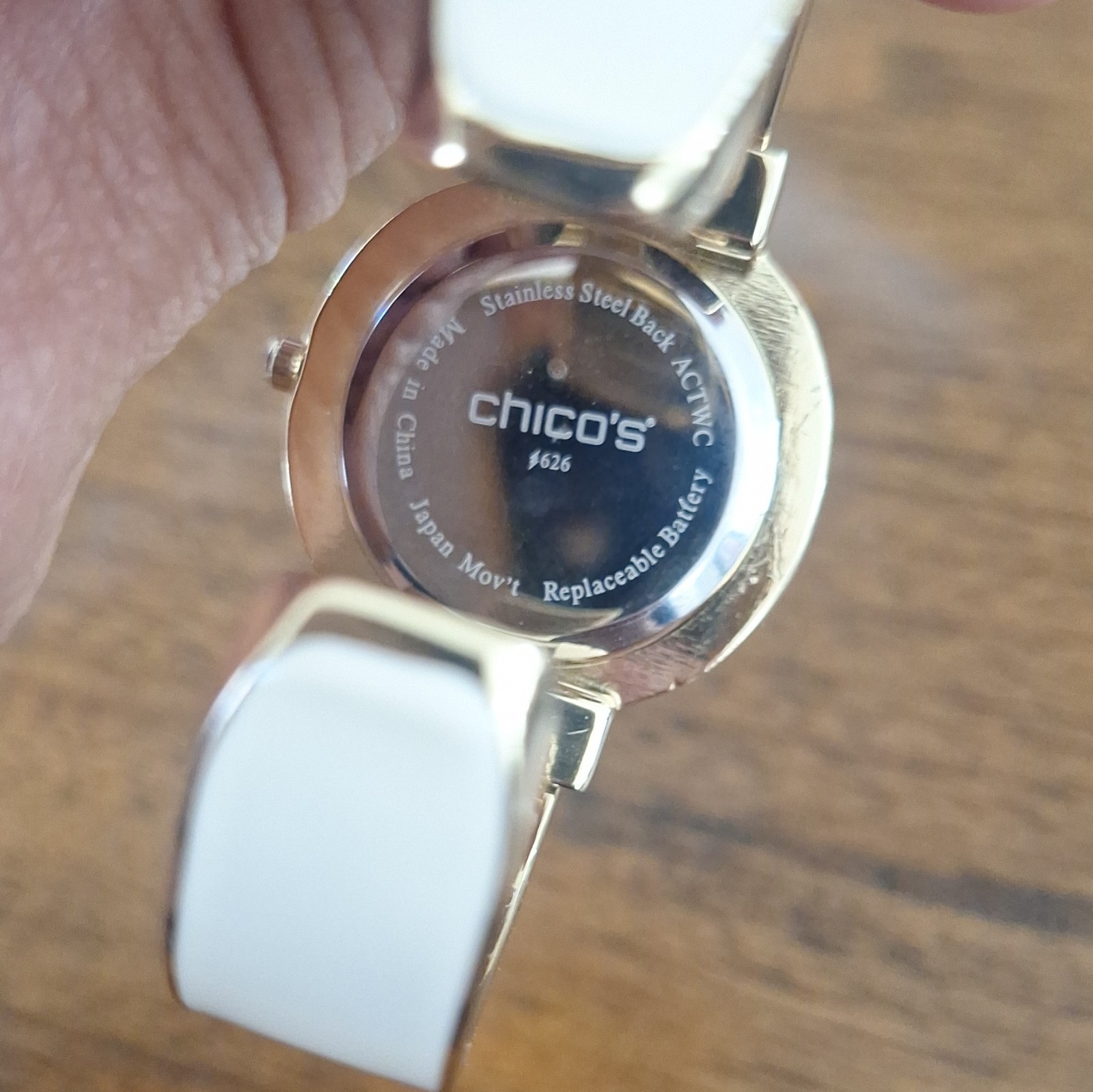 Chico’s Women’s Quartz Analog Bangle Watch White Dial Gold/White Case Arabic