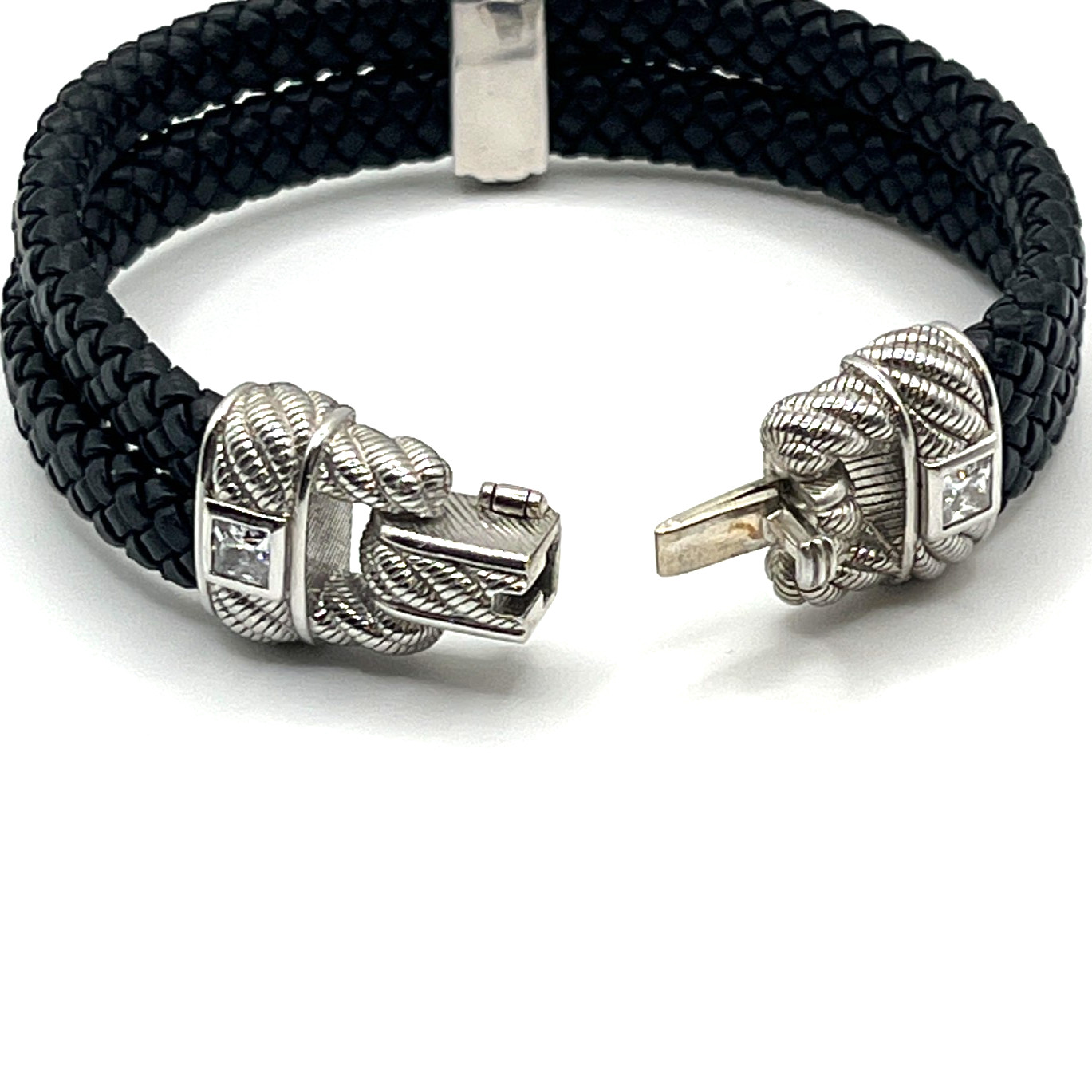 Judith Ripka Bracelet Sz 6.5 Link Black Leather CZ Sterling 925 Push Lock Latch