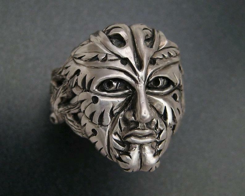 One Of A Kind Men’s 935 Argentium Silver Green Man Face Design Ring