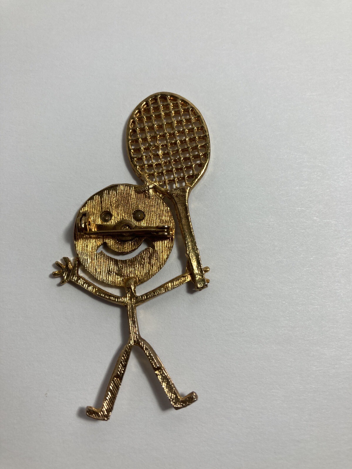 Tennis Racket Player Pin Brooch Anthropomorphic Blue Rhinestone Eyes