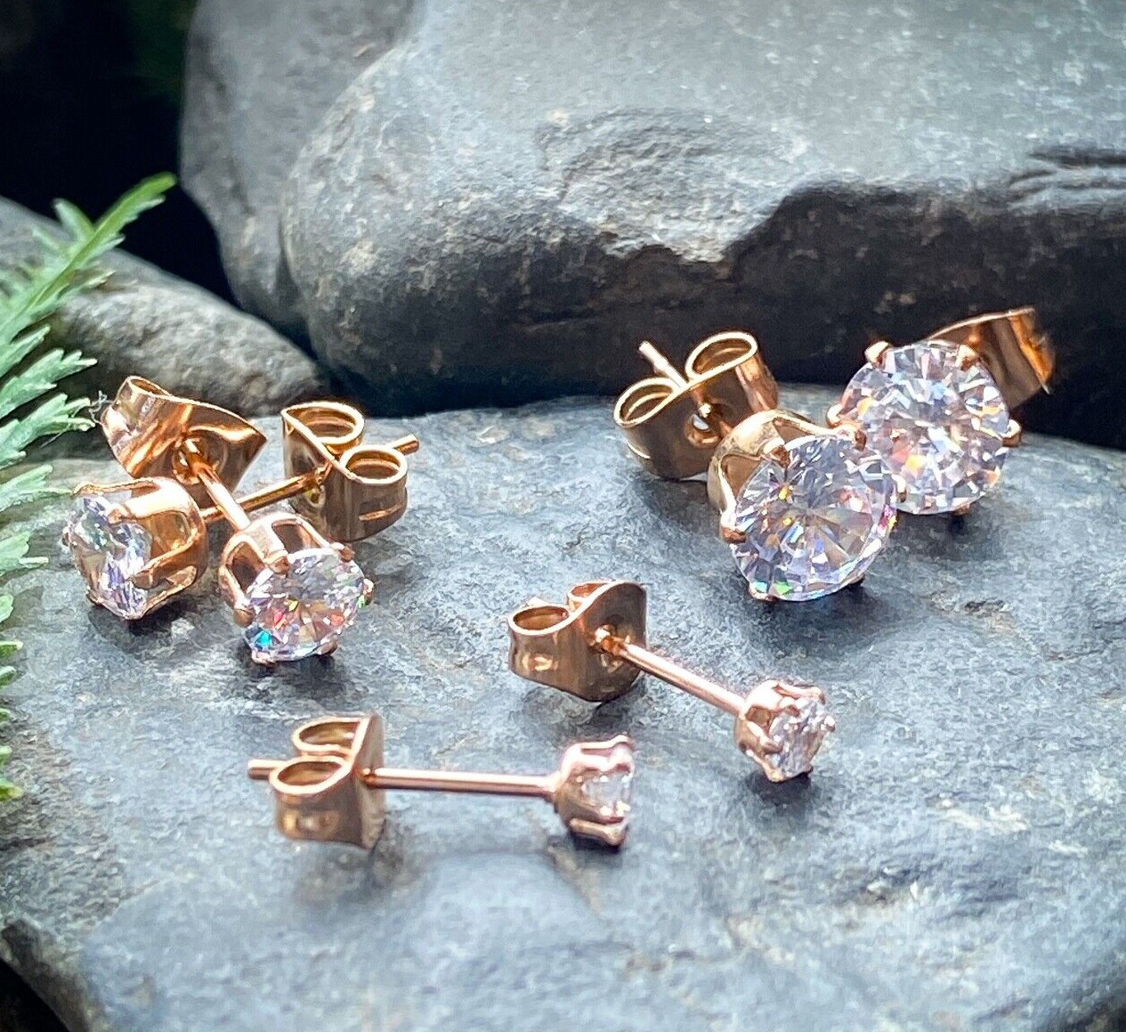 PAIR Rose Gold Ion Plated Steel Aurora Borealis or Clear CZ Gem Stud Earrings